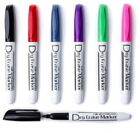 Volcanics Whiteboard-Marker mit feiner Spitze, trocken abwischbar, geruchsarm, Whiteboard-Stifte in 6 verschiedenen Farben, schlanker Schaft, 6er-Pack für Büro, Meetings, Klassenzimmer und Zuhause