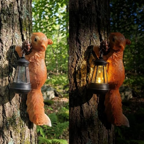 YZYOE LED solaire lampe d'écureuil, jardin décoration résine mignon écureuil animal mur lampe suspendue, sans fil crépuscule à l'aube LED lumières sont imperméables.