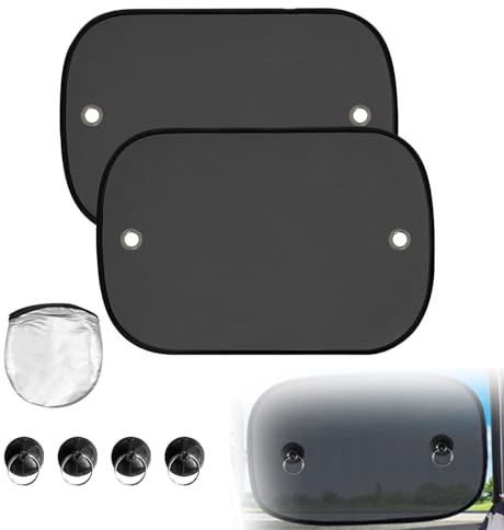 TILONKJ Protector Solar para Ventanillas Laterales del Coche 2 Unidades (50x30cm)–Cortina Parasol con Protección UV para Bebés y Niños–Tela Negra Transpirable con Ventosas y Bolsa de Almacenamiento