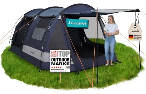 Skandika Tunnelzelt Kambo 6 Sleeper Protect | Zelt für 6 Personen, schwarze Schlafkabine, eingenähter Zeltboden, wasserdicht 3000 mm Wassersäule, 3 Eingänge, Sonnendach, Campingzelt, Festival, Outdoor