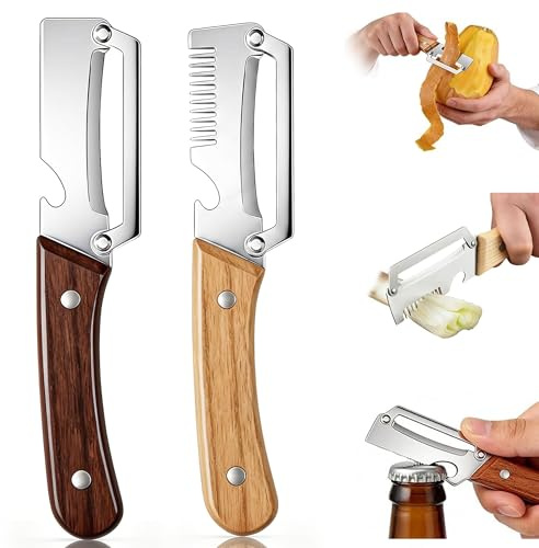 OHVBAEON Vegetable Peeler Multifunctional,3 in 1 Peeler & Bottle Opener & Julienne Peeler,Stainless Steel Peeler with Wooden Handle,Ergonomic Kitchen Tool for Potato,Fruit & Vegetable(2PCS)