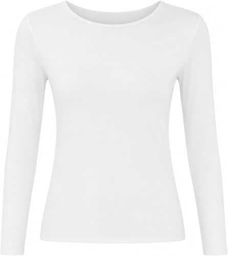 USNA Women's Long Sleeve Round Neck Plain T-Shirt, Slim Fit Stretchy Casual Basic Tee Top, Black, UK Sizes 8-26