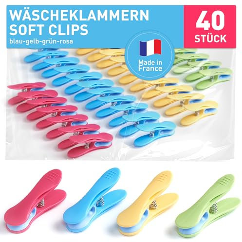 culiclean Wäscheklammern ohne Abdruck stabil bunt 40x Wäscheklammer blau gelb grün rosa pink, robuste Kluppen Soft Grip Clip Clothes Pegs UV beständig Klammern zum Aufhängen von Wäsche, Socken