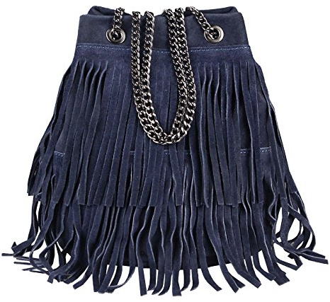 OBC Made in Italy Damen Leder Tasche Fransen Shopper Kettentasche Beutel Wildleder Handtasche Umhängetasche Bucket Bag Schultertasche Ledertasche (Dunkelblau 20x25x19 cm)