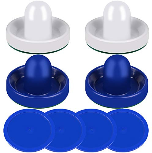 ONE250 Air Hockey Pushers and Blue Air Hockey Pucks, Goal Handles Paddles Replacement Accessories for Game Tables (4 Striker, 4 Puck Pack) (White & Blue)
