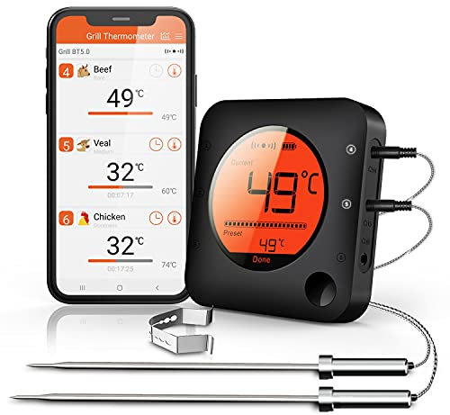 BFOUR Bluetooth Grillthermometer, Digital Funk BBQ Thermometer mit 2 Sonden Fleischthermometer Bratenthermometer 2 Temperaturfühlern mit Alarm Geschenk für Küche,Ofen, Fleisch und Flüssigkeit