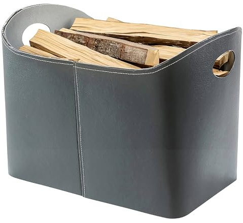 Kobolo Holzkorb für Kaminholz Aufbewahrungskorb - Kunstleder - grau - 49x31x29/35 cm
