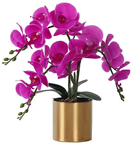 LESING Artificial Orchid Flower with Vase, White Orchid Bonsai Faux Orchid Phalaenopsis Plant Pot Arrangements for Home Decoration (Purple,Gold Vase)