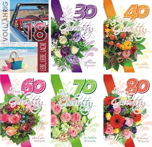 Iloda® 100 Glückwunschkarten zum Geburtstag 52-7500 mit Zahlen zum 18. 30. 40. 60. 70. und 80. Geburtstag Geburtstagskarte Grußkarte