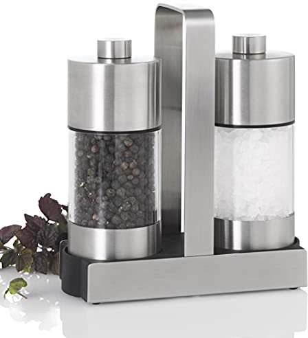AdHoc Geschenkset | Pfeffermühle und Salzmühle MENAGE SERVIR mit hochwertigem Keramik Mahlwerk inklusive Ständer (ohne Gewürz), Gewürzmühlen 14 cm hoch