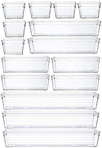 Grace Store 15 PCS Clear Plastic Drawer Organizer Tray for Makeup, Kitchen Utensils, Jewelries, and Gadgets