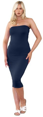 Hamishkane® Abito midi a tubino da donna, senza spalline, tinta unita, aderente e elasticizzato, a fascia, per donne UK, abito lungo senza spalline per feste estive, Marina Militare, 38-40