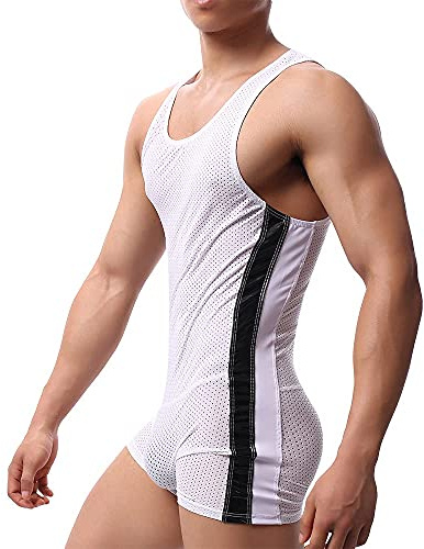 WMIERFI Herren Bodysuit aus atmungsaktivem Netzstoff, einteilig, Wrestling-Singlet-Bodysuit, Overall, Turnanzug, Slip, Unterwäsche, Weiß-1, Medium