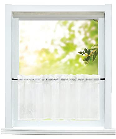 ESLIR Küche Gardine Landhaus Scheibengardine mit Tunnelzug Bistrogardine Leinen Kurzgardine Transparent Wellen Muster Weiß HxB 45x90cm 1 Stück