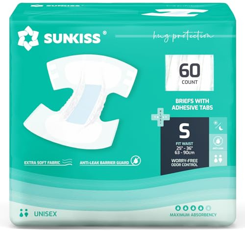 SUNKISS TrustPlus Inkontinenz Windeln, Unisex, Größe S, 60 Stück | Für Erwachsene, Saugfähige Einweg-Unterwäsche für Männer und Frauen mit Tabs und Zuverlässigem Auslaufschutz