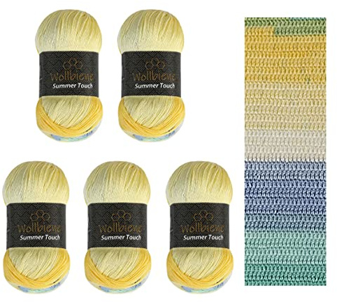 Wollbiene Summer Touch Batik 5 x 100 Gramm Wolle Mehrfarbig mit Farbverlauf, 500 Gramm merzerisierte Strickwolle Microfiber-Acryl (500 gelb-blau mint)