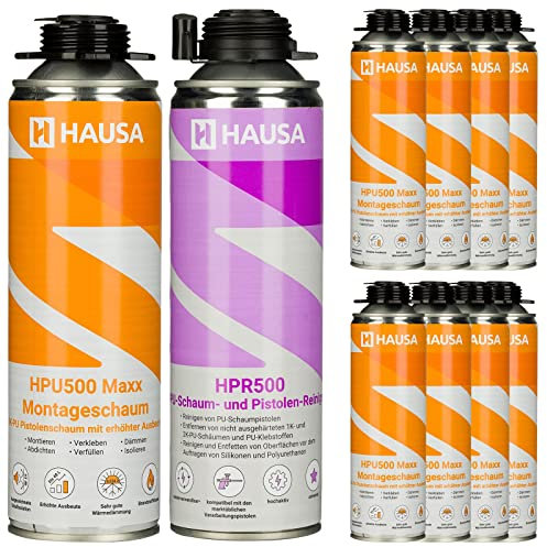 HAUSA Bauschaum-Set 9x Montageschaum 500ml grau inkl. 1x Pistolen-Reiniger 500ml; Pistolenschaum zum Verfüllen Dämmen Abdichten, extrem hohe Ausbeute, ausgezeichnete Dämm- & Isoliereigenschaften