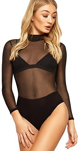 WearAll Womens Sheer Mesh Long Sleeve Bodysuit Ladies Hi High Neck Leotard Top - Black - 12-14