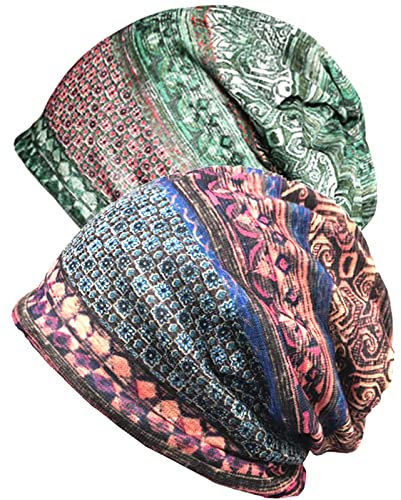 XYIYI Damen Mütze Chemo Hut Slouchy Kopfbedeckungen Kopf Wraps Krebshüte (2Stück Ethnisch Grün Blau-V)