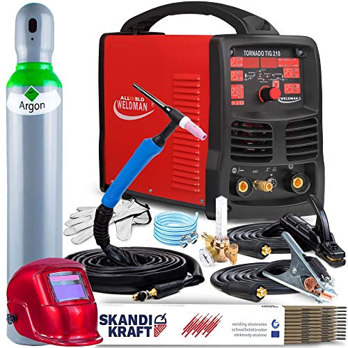 Weldman TORNADO TIG 210-200A HF WIG Schweißgerät AC DC mit Puls MMA-Schweißfunktion - 2T/4T, Pre Flow und Post Flow - Aluminium Schweißgerät mit Fernsteuerung Möglichkeit, Set: ProfessionalPlus