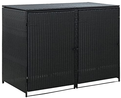 Keketa Double Wheelie Bin Shed, Durable Metal Wheelie Bin Storage Shed Hideaway, Rattan Effect Dustbin Sheds, Outdoor Patio Garden Container Cover Lockable Black 148x80x111 cm