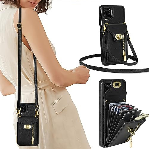 SEHEYA for Samsung Galaxy A12 Lanyard Case PU Leather Neck Strap Crossbody Small Mobile Phone Bag Large Capacity Card Holders Wallet Purse