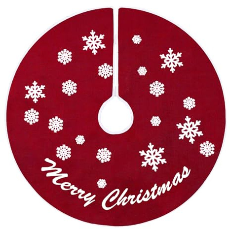 Weihnachtsbaum Decke, 76cm Christbaumdecke, Rot Weihnachtsbaumdecke Rund, Leinen Tannenbaum Decke, ‘Merry Christmas’ und Schneeflocke Abdeckung für Christbaumständer, Zuhause Weihnachtsdekoration