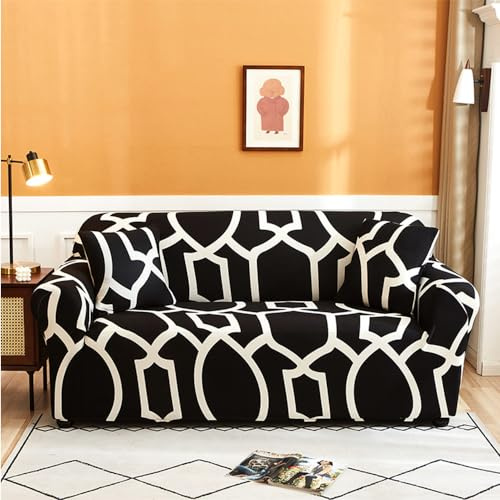 Hiseng Sofa Überzug, Stretch Sofabezug 1 2 3 4 Sitzer Polyesterfaser Couch Überzug Geometrie Sofa Cover Waschbar Universal Sofaschoner für Haustiere Und Kind (4-Sitzer,Schwarz Weiß)