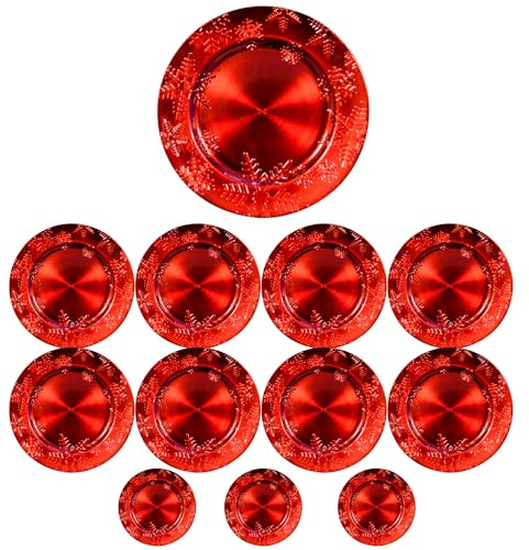 Sottopiatti Rosso FIOCCO DI NEVE Bordo SPAZZOLATO, uso Decorativo in plastica Rigida Bordo RIGHE, Tondo 33 cm, Natale cenone sotto Piatto Natalizio Cenone Capodanno Aperitivo (6 e 12 pz) (12)