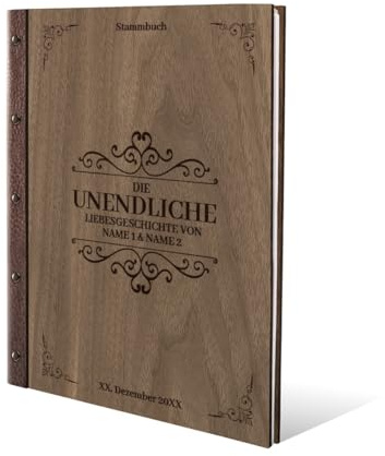 Personalisiertes Stammbuch Hochzeit aus echtem Holz mit Leder Rücken A5 oder A4 inkl. vorgedruckten Seiten - Liebesgeschichte
