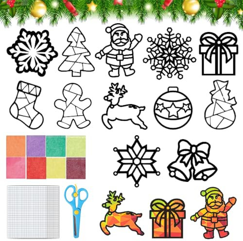 HEYIDAMAI Bastelset Fensterbilder Weihnachten Kinder, 12 Stück Basteln für Weihnachten Kinder,Ideal Als Winterliche Wand,Fenster und Raumdekoration