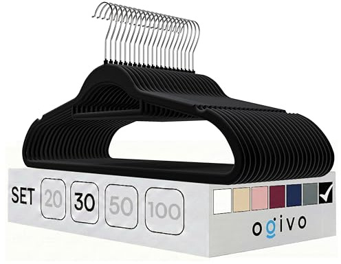 OGIVO Kleiderbügel Samt 30er Set (Schwarz) 360° drehbarer Haken rutschfest | Hangers Clothes, Krawattenhalter, Schulterkerben, Hosenbügel, 360° drehbarer Haken, rutschfest