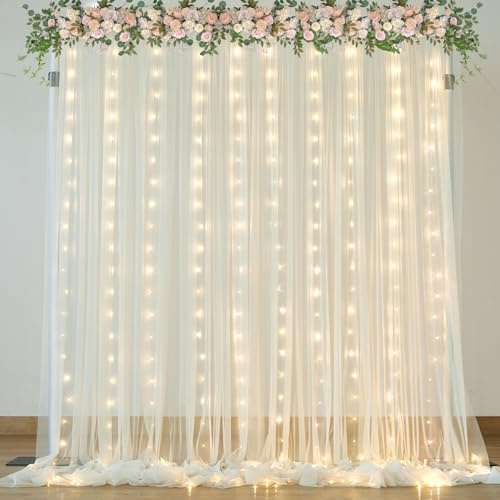 Ivory Sheer Backdrop Curtains with Lights String for Parites Wedding 10×8ft Tulle Backdrop Curtains for Baby Shower Birthday Party Bridal Shower Christmas Photo Shoot Background Decorations