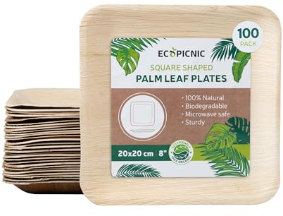 ECOPICNIC Lot de 100 assiettes en feuille de palmier - 20 x 20 cm - Assiettes carrées compostables jetables, durables - Pour barbecues, pique-niques et fêtes d'anniversaire