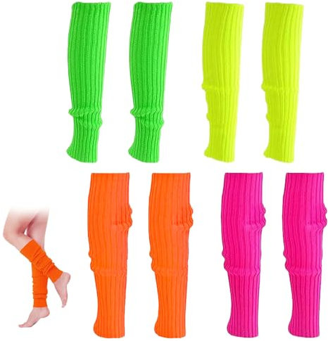 Uoimky Damen Bein Stulpen - 4 Paar 80er 90er Neon Beinwärmer, Gestrickte Legwarmers Strümpfe für Aerobic, Motto Party, Fasching, Karneval - Faschingskostüm Accessoires