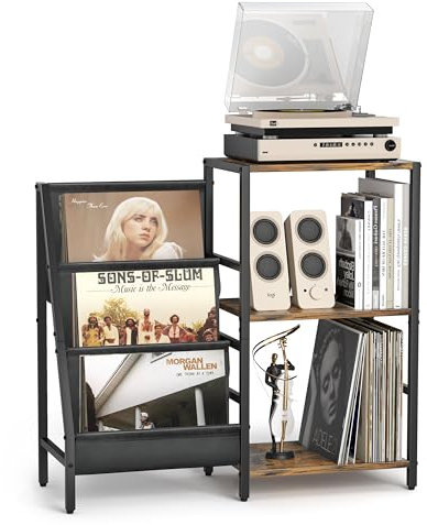 VINCOURNA Schallplattenständer, Vinyl Halter Mit 3-Tier Vinyl Schallplatten Aufbewahrung, Plattenspieler Tisch Bis Zu 200 Alben, Plattenspieler Regal Cd Halter Für Plattenspieler Mit Lautsprecher