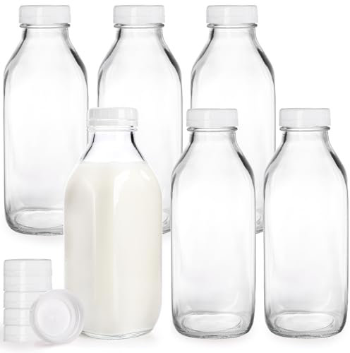 Bekith Paquete de 6 botellas de leche de vidrio de litro con tapa hermética de rosca, botellas de jugo de vidrio de 32 onzas, frasco de vidrio reutilizable para bebidas, recipiente de jugo para leche,