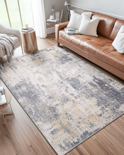 DEFYNEE Abstrakt matta vardagsrum 180 x 270 cm, halkfri, kort lugg av konstgjord ull, tvättbar, minimalistisk, sängmatta för vardagsrum, sovrum & kontor, grå-gul