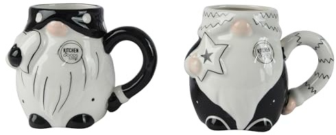 Kaemingk Tasse Wichtel 11,5cm x 1 Stück Sortiert - Keramik Teetasse mit Henkel - Keramiktasse als Weihnachtstasse Teebecher Kaffeetasse Kaffeebecher - Tassen & Becher als Geschenk - Schwarz Weiß