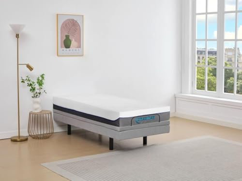 Vente-unique-Dekoratives Bett mit elektrischer Relaxfunktion + Memory-Schaum-Matratze - 80 x 200 cm - Stoff - Grau - MENASINA von YSMÉE