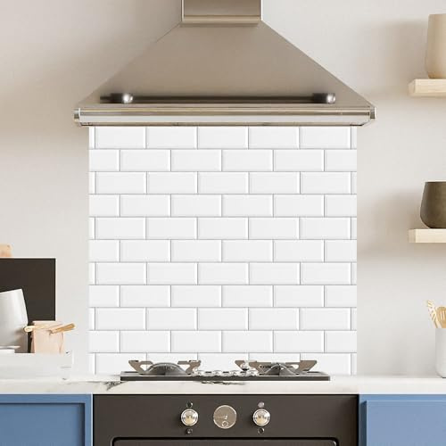 Toughened 6mm Glass Kitchen Splashback 70 x 65cm White Metro Tile - Polished Heat Resistant Back Splash for Cookers Hob