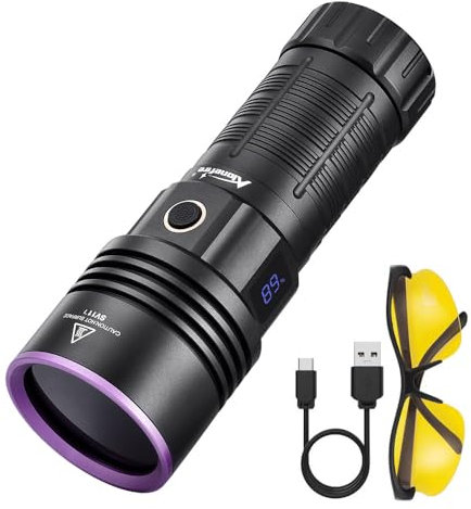 ALONEFIRE SV117 - Linterna UV de 365 nm de 70 W, potente pantalla digital de luz negra recargable por USB, luz negra para detector de orina de mascotas, escorpión, resina, chinches, pesca con gafas