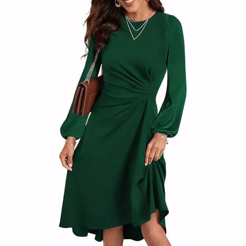 RPAEOY Vestido Mujer Elegante Manga Larga Cuello Redondo de Volante Dobladillo Bodycon Lápiz Vintage Vestidos Noche para Invitada Coctel (Verde Oscuro/XL)
