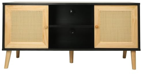 Meuble TV scandinave en cannage Iguane - 120 x 30 x 56.5 cm - Noir