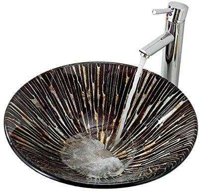 Modernes Waschbecken, rund, gehärtetes Glas, Gefäßwaschbecken mit Wasserhahn, Glaswaschbecken-Set, Badezimmer-Glaswaschbecken