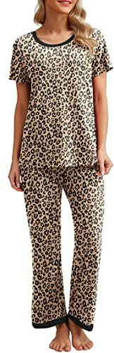 PrinStory Schlafanzug Damen Kurzarm Pyjama Set Rundhals Schlafanzugoberteile Und Lange Schlafanzughose Mit Taschen (Leopard Khaki,M)