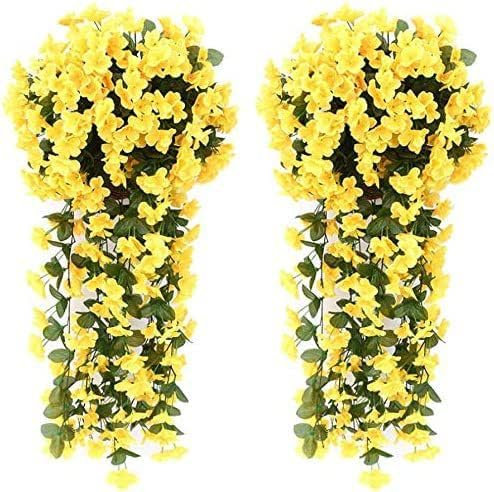 2 Stück Hängenden Künstlich Veilchen,Künstliche Blumen Veilchen Girlande Kranz, Simulation Silk Blume Rattan für Ihr Zuhause, Hochzeiten, Garten, Zur Dekoration (Gelb)
