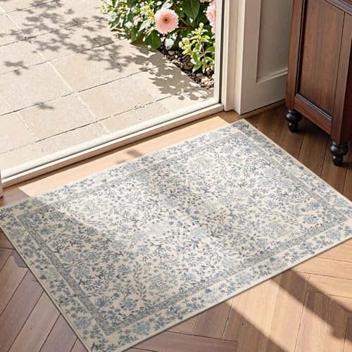 TOPICK Vintage Floral Door Mat 60x90cm Entryway Rug Machine Washable Non Slip Doormat Soft Small Rug Low-Pile Thin Carpet for Living Room Kitchen Bedroom Bathroom Blue
