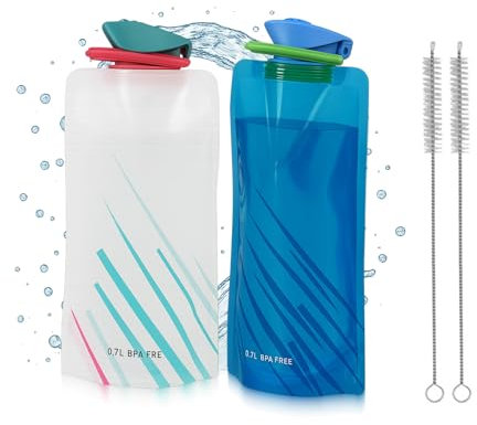 EUYKQNOI Set 2 Borracce Pieghevoli 700ml + 2 Spazzole per Fessure, Borraccia Sportiva Leggera con Gancio, Senza BPA, per Escursionismo, Ciclismo, Viaggi, Campeggio (Bianco, Blu)