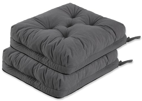 PRIMEPATIO Lot de 2 coussins de chaise de salle à manger - 10 cm d'épaisseur - Pour intérieur et cuisine - Antidérapant en mousse à mémoire de forme avec attaches - 40 x 40 cm - Gris
